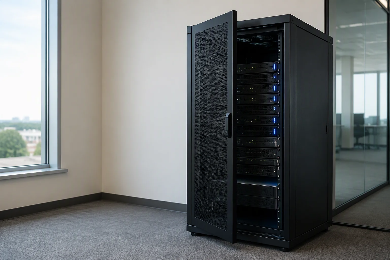 Compact micro data center cabinet in an office corner