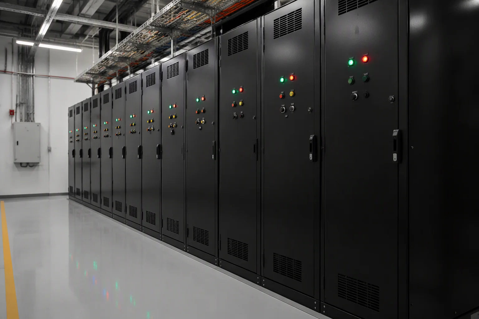 Row of control cabinets in a factory electrical room
