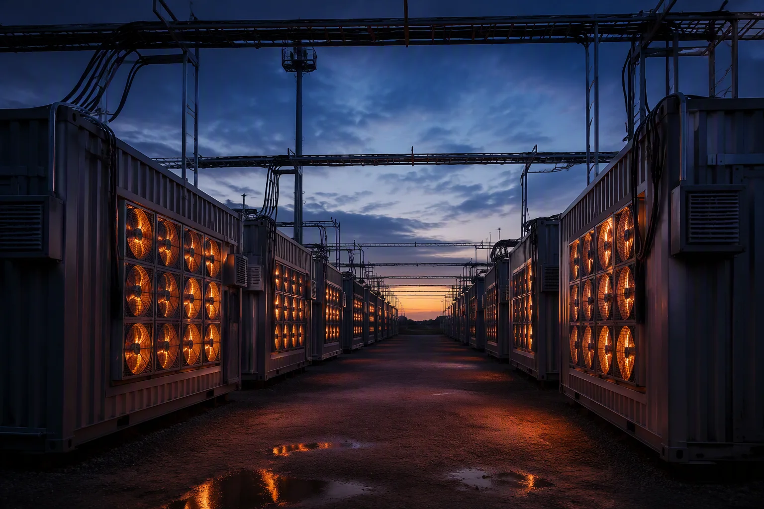 Rows of mining containers at dusk