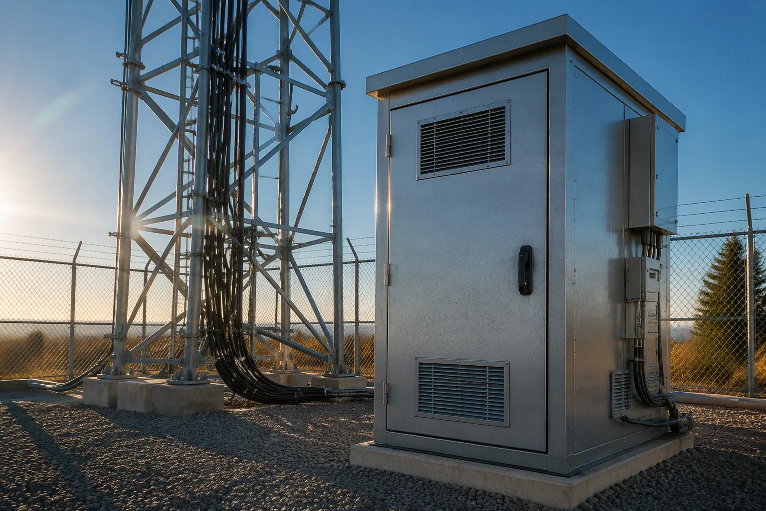 Outdoor telecom cabinet at an antenna mast