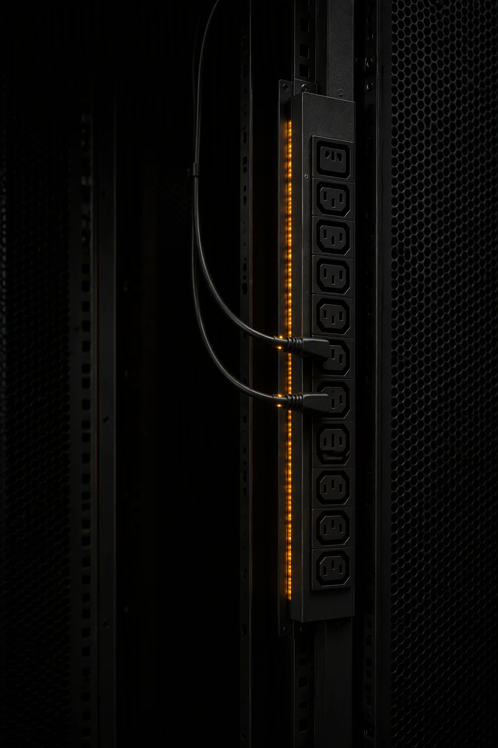 AmpRack AI rack power PDU mounted at a server rack rear with network and sensor cables connected