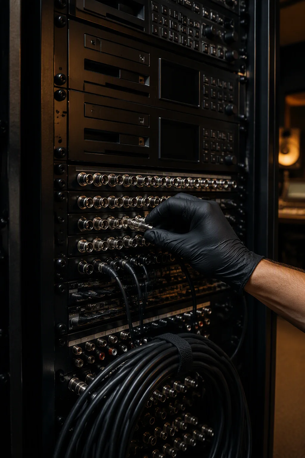 Close vertical view of a broadcast rack with professional decks, patch panels and coiled cables in dim equipment-room light