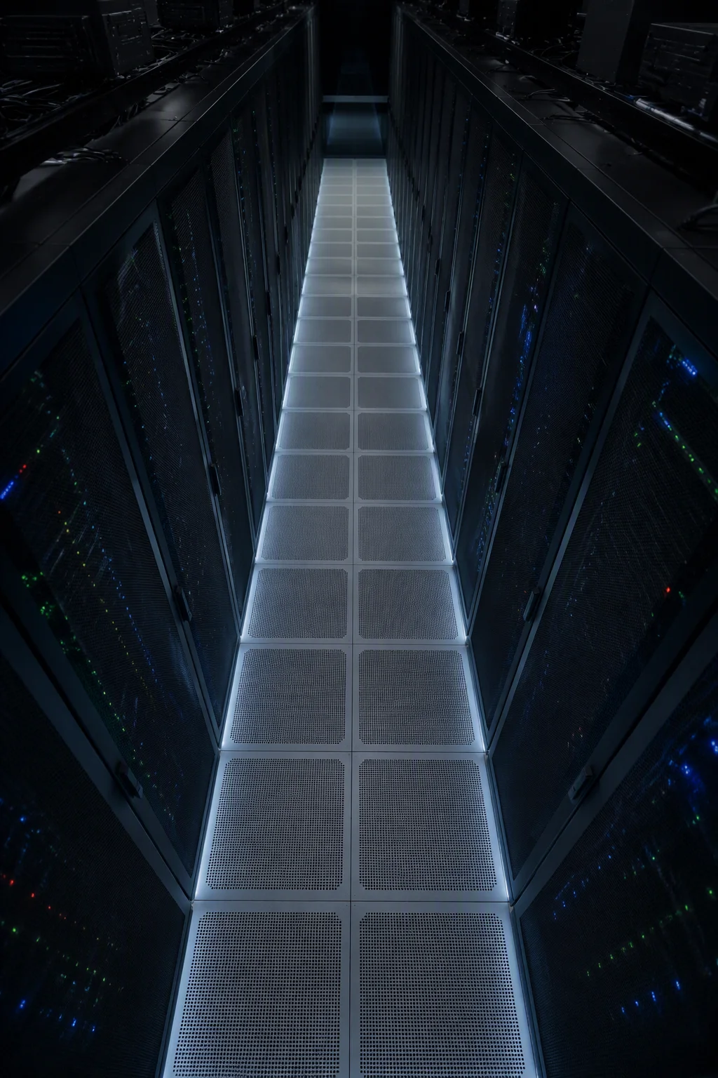 Overhead view down a data center cold aisle with tall black racks, perforated floor tiles and a cool LED glow