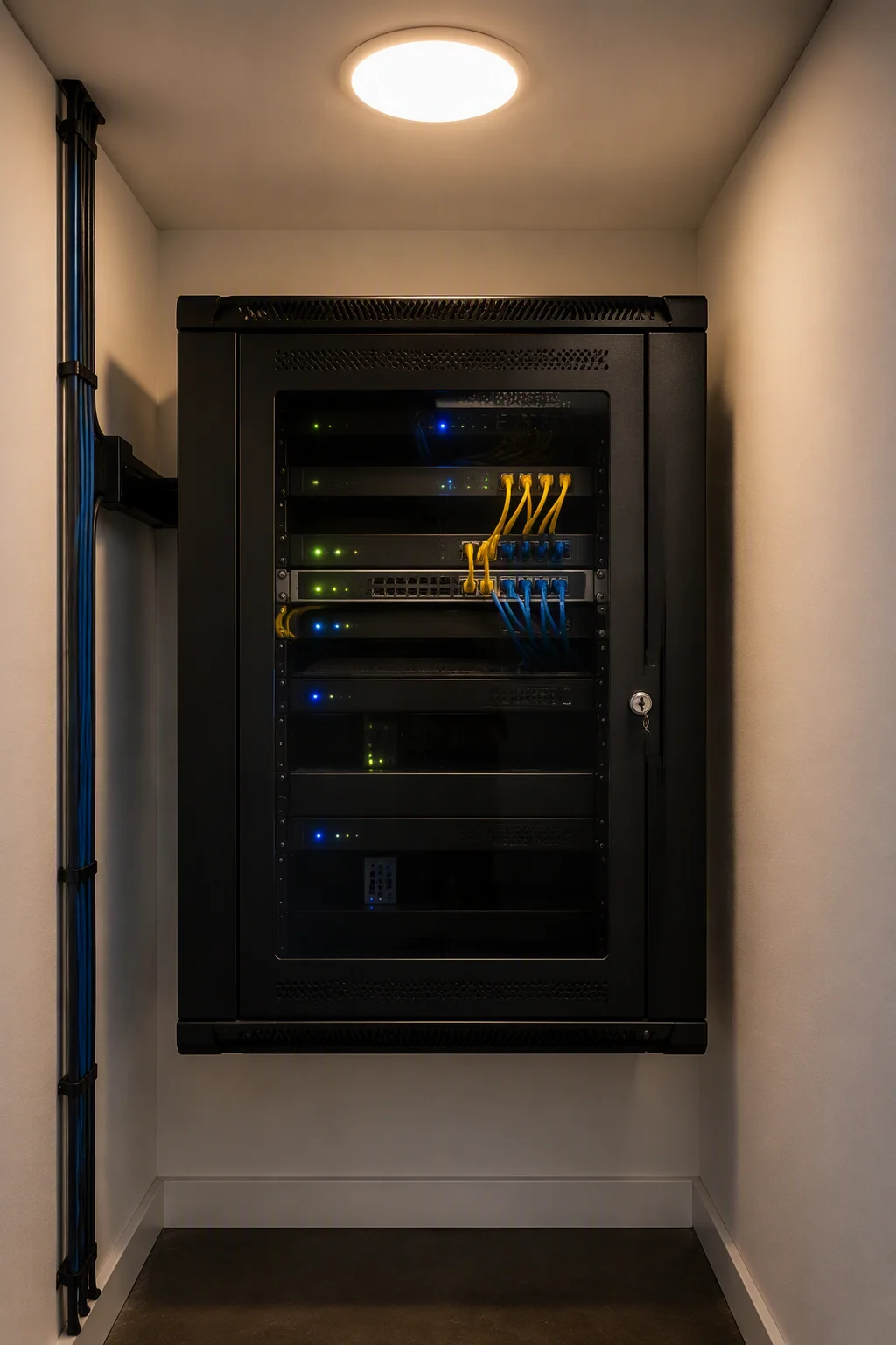 Wall-mounted compact server cabinet with router and switch units under a single ceiling lamp in a small utility room