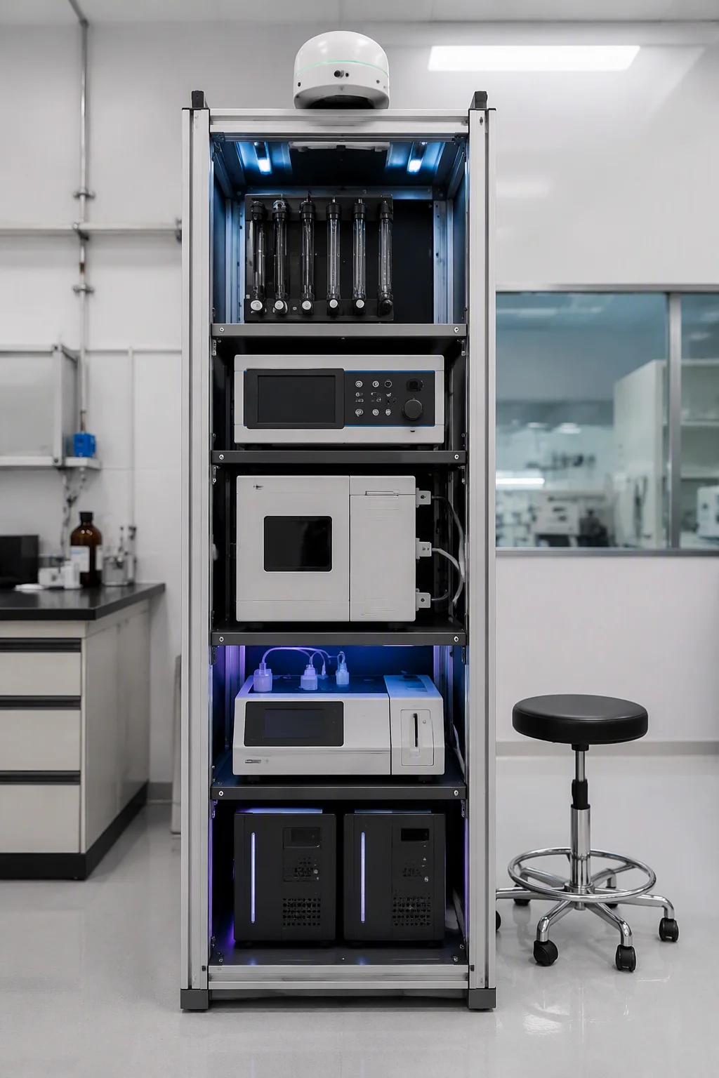 Laboratory test rack with measurement instruments and a sensor pod above, in bright even lab lighting