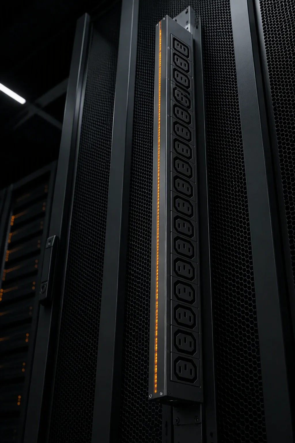 Close-up of an AmpRack metered rack PDU faceplate installed in a server rack