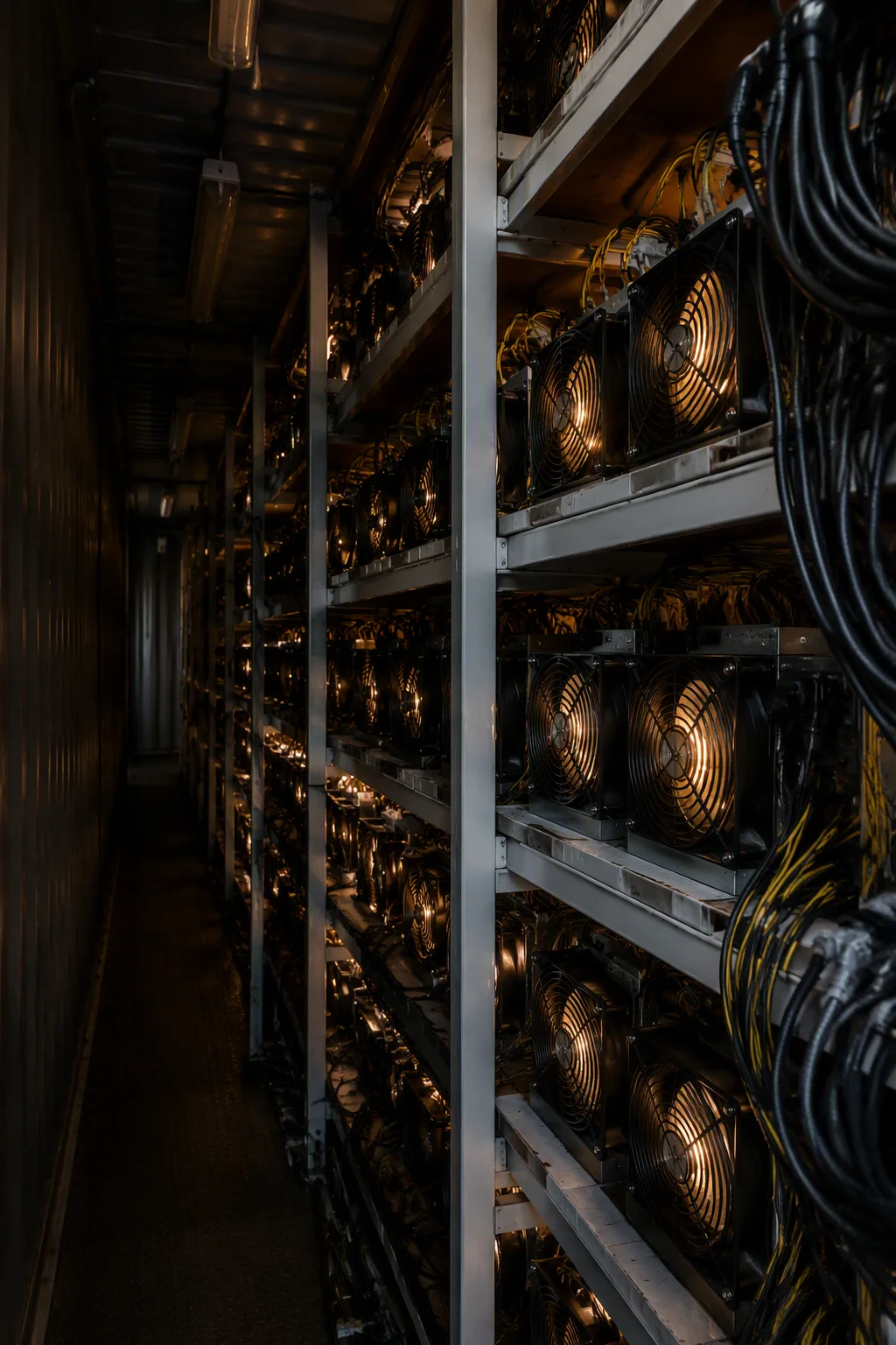 Rows of mining units on steel shelving inside a container, fan grilles and braided cables glowing under warm LEDs