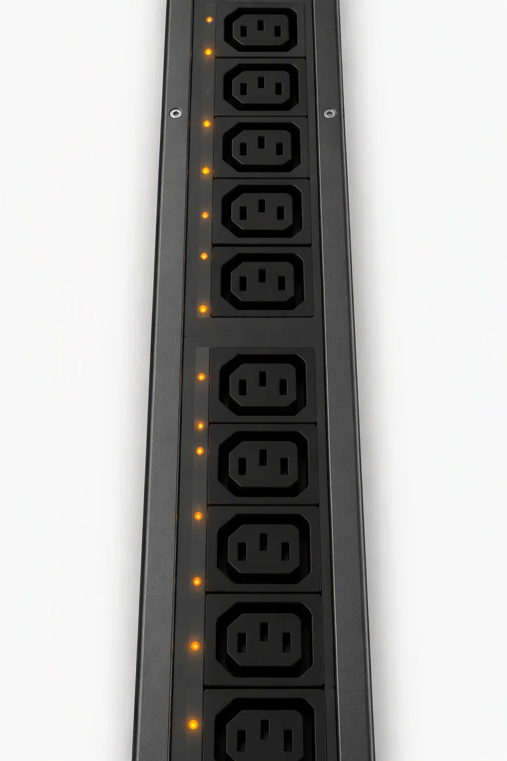 Macro close-up of AmpRack outlet-metered PDU C13 and C19 socket groups with per-outlet status LEDs
