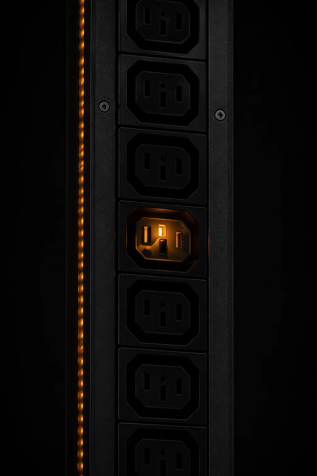 AmpRack switched rack PDU in a dark rack with one outlet energized and glowing amber
