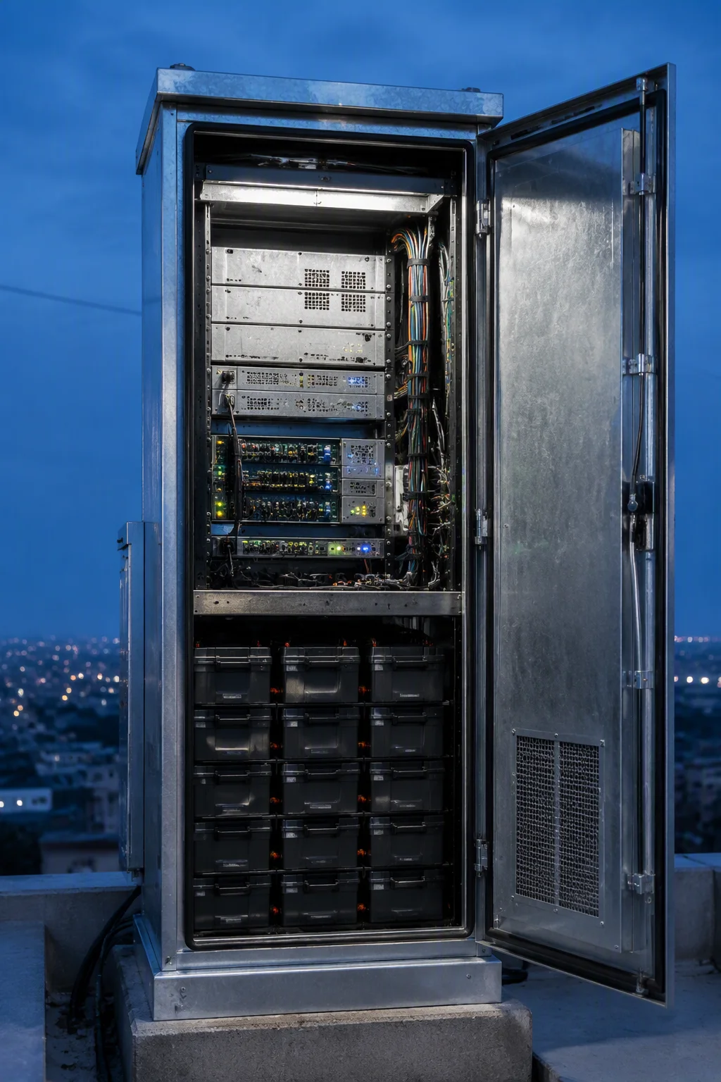 Open outdoor telecom cabinet at blue hour with battery bricks and transmission units inside, city lights behind
