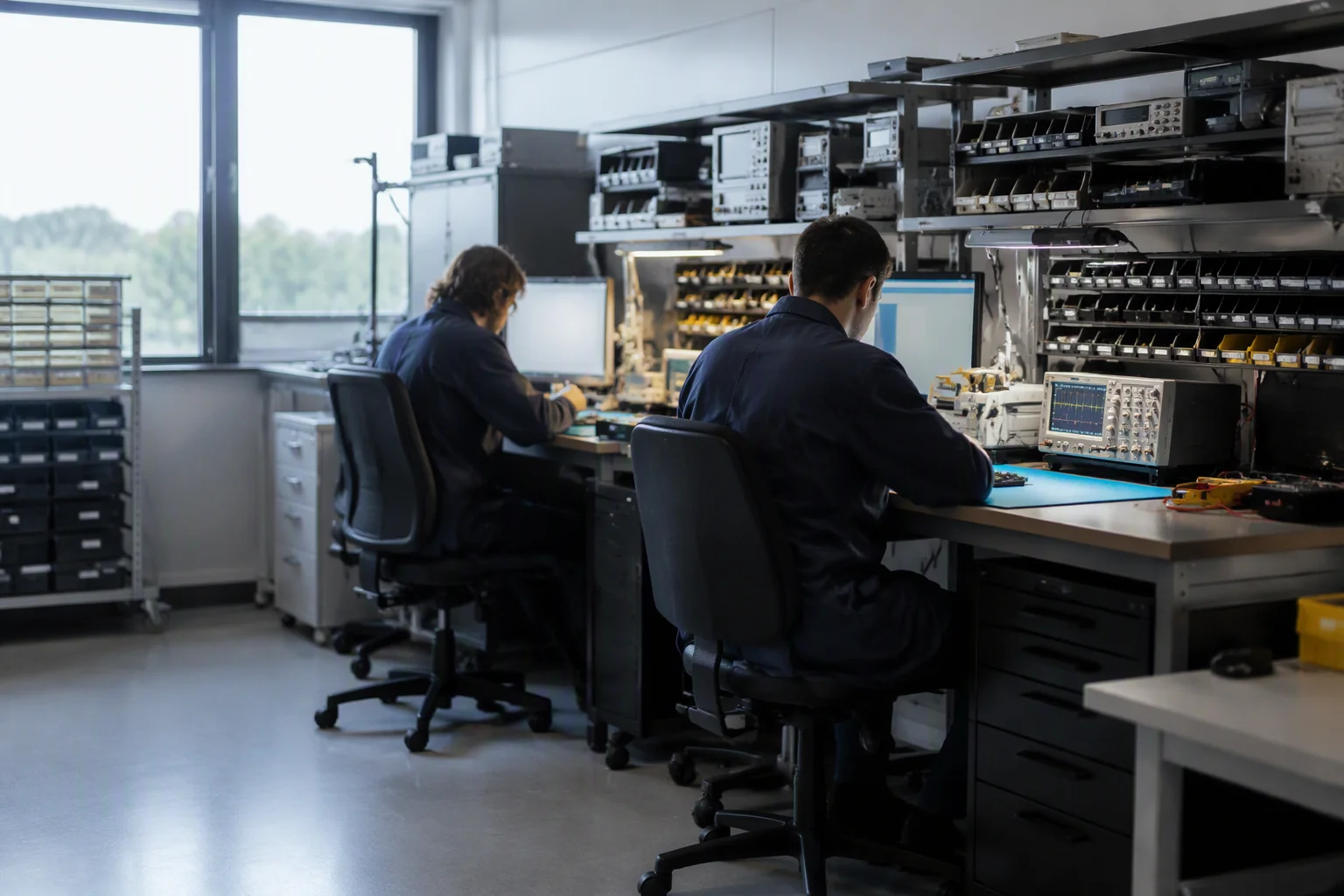 AmpRack engineers reviewing a rack PDU assembly on the production floor