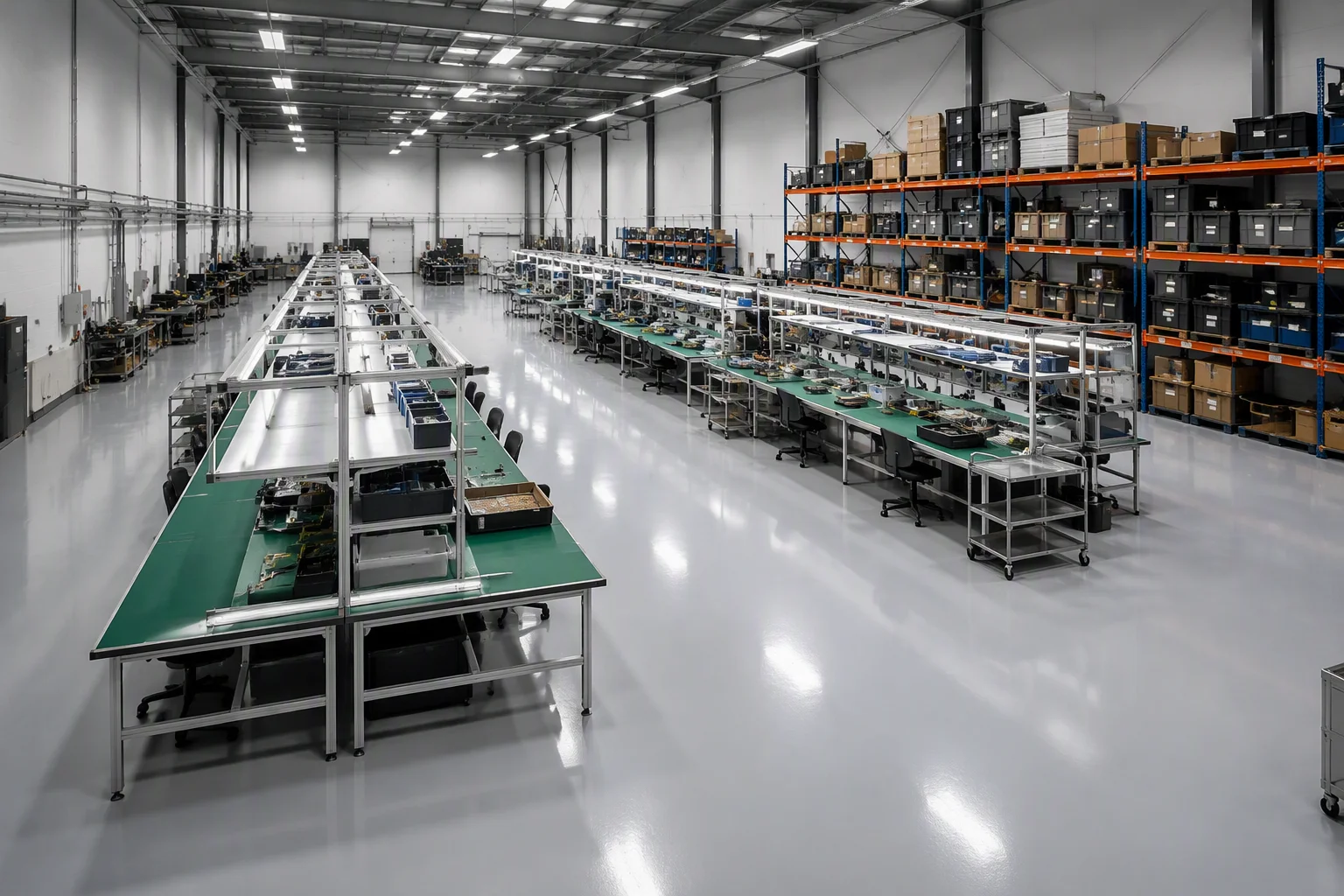 Assembly benches and test racks inside the AmpRack PDU factory