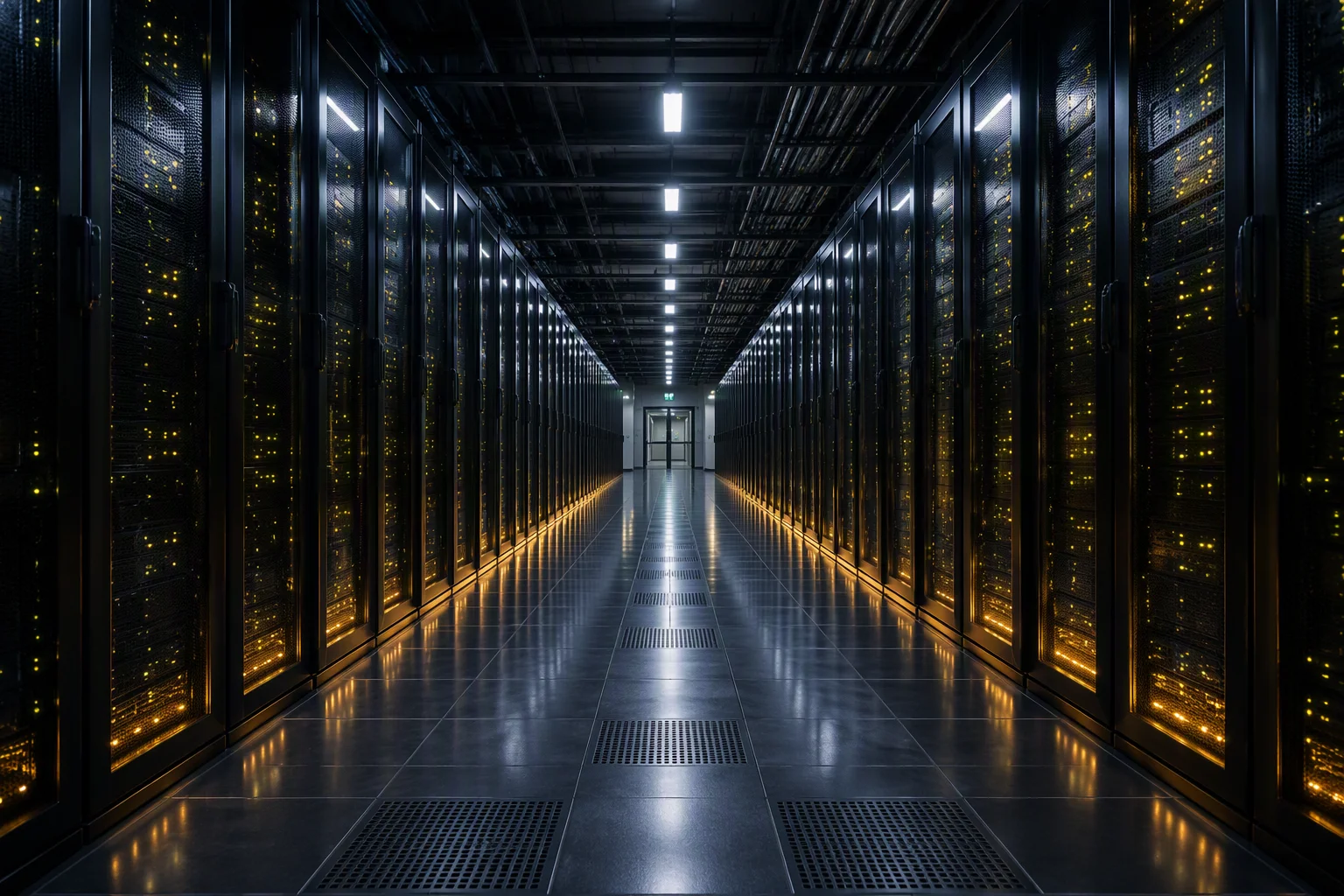 Corridor between rows of illuminated server racks in a compact technical facility