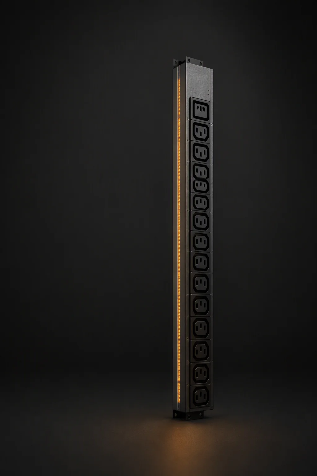 AmpRack vertical 0U metered rack PDU with an amber LED load strip against a dark studio backdrop